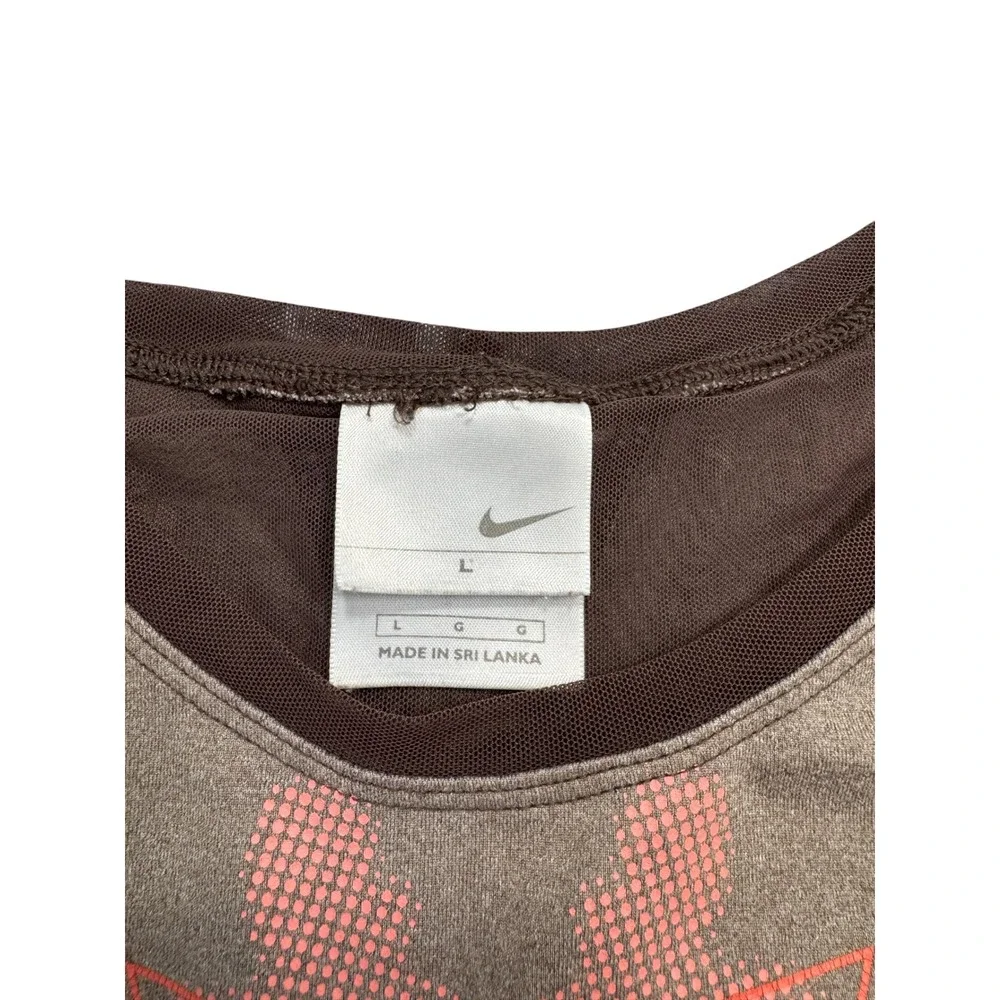 Nike Womens Graphic Short Sleeve Top Brown Mesh Open Back Athletic Shirt Large